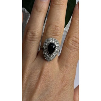 Vintage 925 Sterling Silver Black Onyx & Clear Topaz Stones Ring Size 7.5