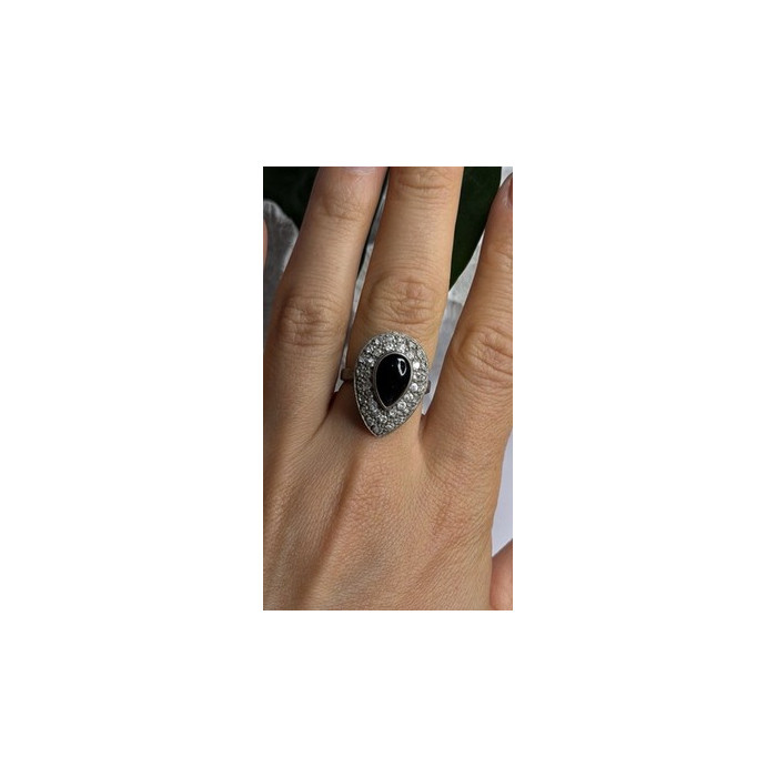 Vintage 925 Sterling Silver Black Onyx & Clear Topaz Stones Ring Size 7.5