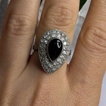 Vintage 925 Sterling Silver Black Onyx & Clear Topaz Stones Ring Size 7.5