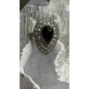 Vintage 925 Sterling Silver Black Onyx & Clear Topaz Stones Ring Size 7.5