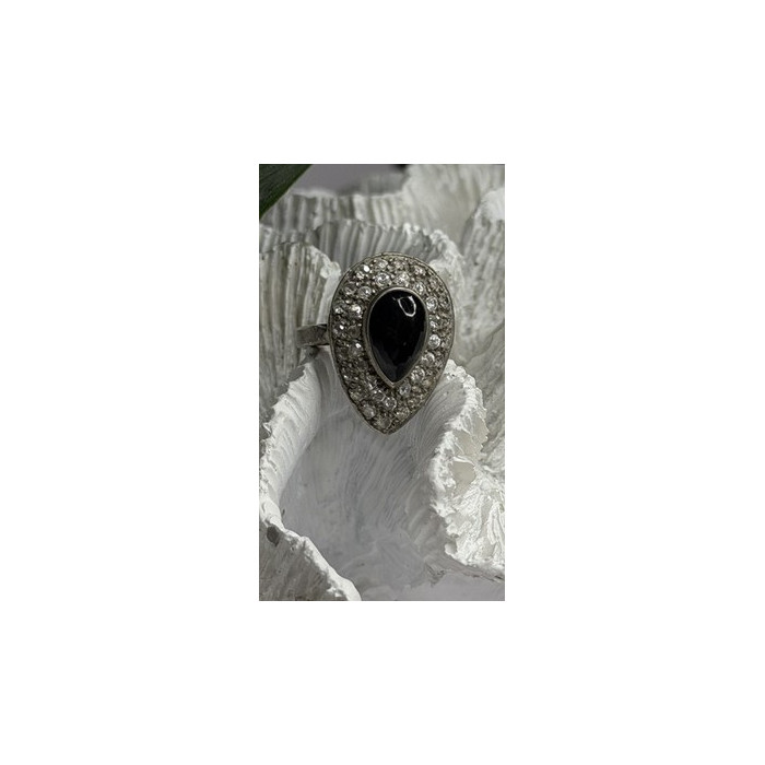 Vintage 925 Sterling Silver Black Onyx & Clear Topaz Stones Ring Size 7.5