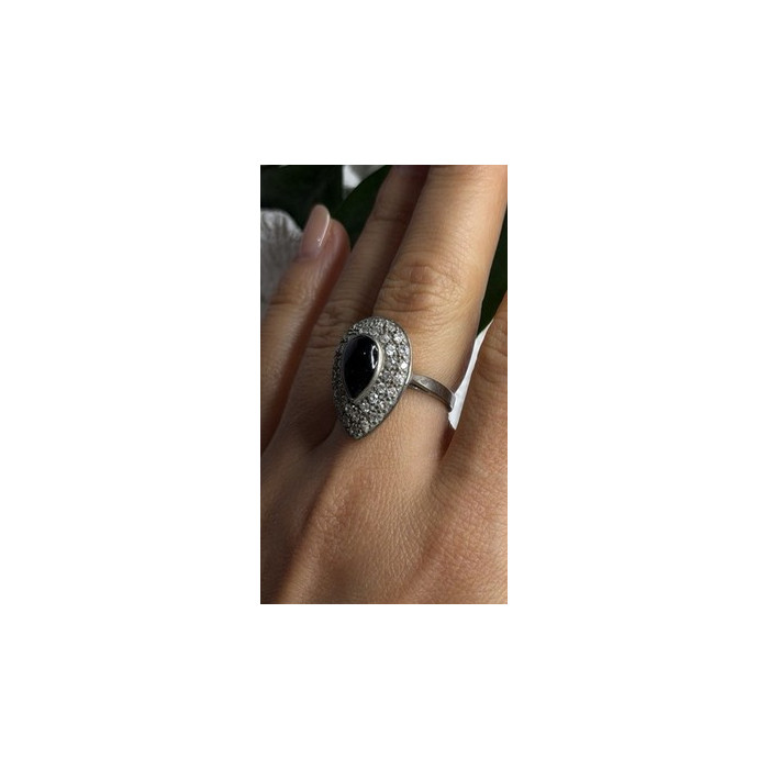 Vintage 925 Sterling Silver Black Onyx & Clear Topaz Stones Ring Size 7.5