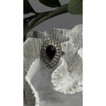 Vintage 925 Sterling Silver Black Onyx & Clear Topaz Stones Ring Size 7.5