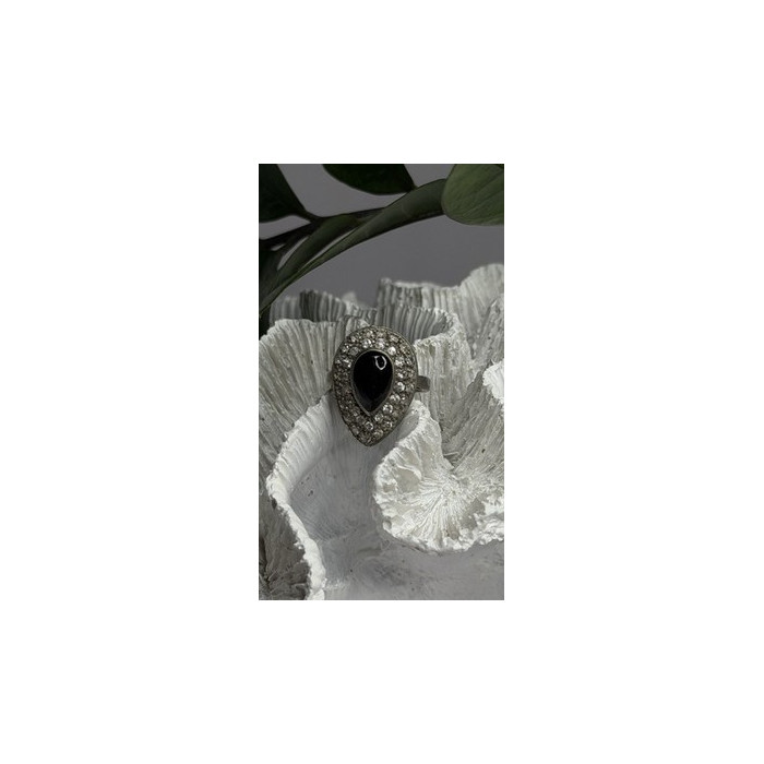 Vintage 925 Sterling Silver Black Onyx & Clear Topaz Stones Ring Size 7.5