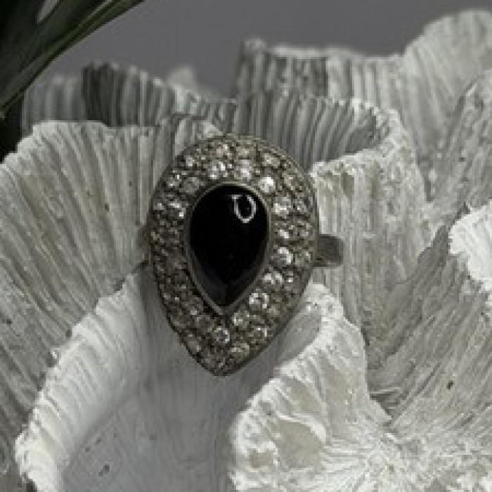 Vintage 925 Sterling Silver Black Onyx & Clear Topaz Stones Ring Size 7.5
