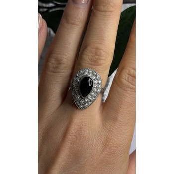 Vintage 925 Sterling Silver Black Onyx & Clear Topaz Stones Ring Size 7.5