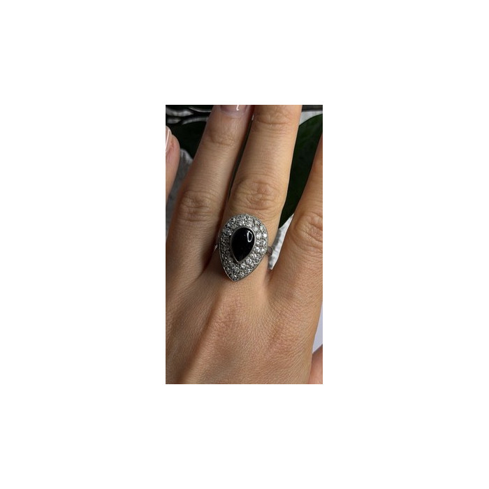 Vintage 925 Sterling Silver Black Onyx & Clear Topaz Stones Ring Size 7.5