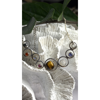 Solar System Gemstones 925 Sterling Silver Tigers Eye Moonstone etc. Necklace