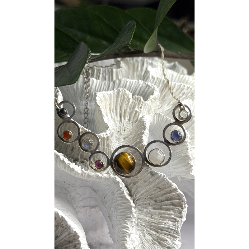 Solar System Gemstones 925 Sterling Silver Tigers Eye Moonstone etc. Necklace