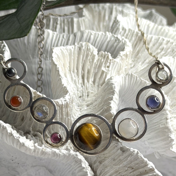 Solar System Gemstones 925 Sterling Silver Tigers Eye Moonstone etc. Necklace