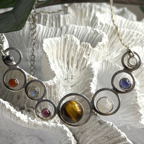Solar System Gemstones 925 Sterling Silver Tigers Eye Moonstone etc. Necklace