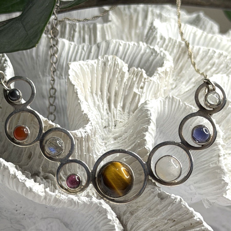Solar System Gemstones 925 Sterling Silver Tigers Eye Moonstone etc. Necklace