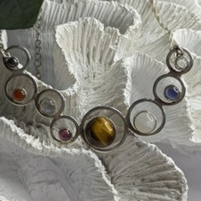 Solar System Gemstones 925 Sterling Silver Tigers Eye Moonstone etc. Necklace