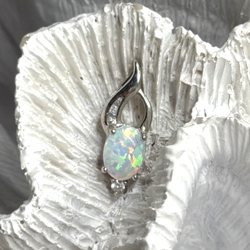 Tiny Beautiful 925 Sterling Silver Opal & Clear Topaz Stones Pendant