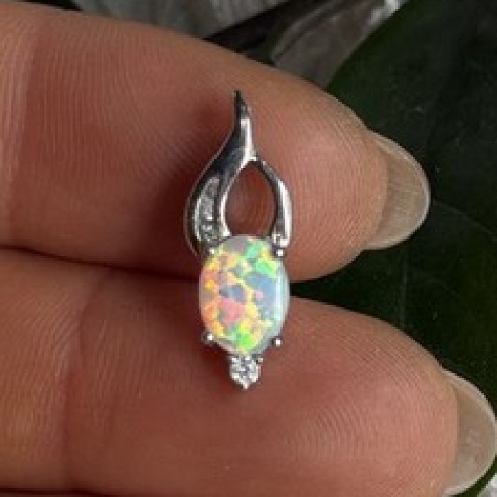 Tiny Beautiful 925 Sterling Silver Opal & Clear Topaz Stones Pendant