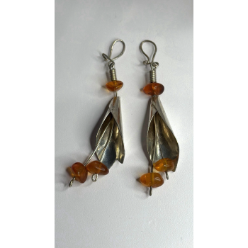 Vintage Unique Design Dangle 925 Sterling Silver Amber Earrings
