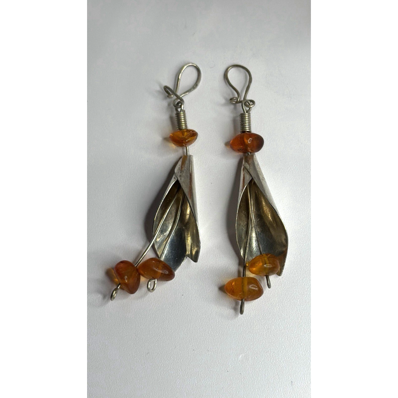 Vintage Unique Design Dangle 925 Sterling Silver Amber Earrings