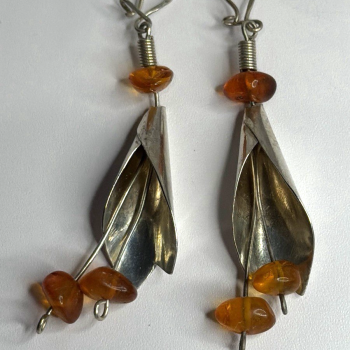 Vintage Unique Design Dangle 925 Sterling Silver Amber Earrings