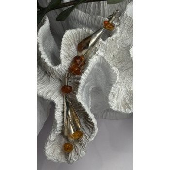 Vintage Unique Design Dangle 925 Sterling Silver Amber Earrings