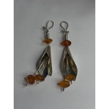 Vintage Unique Design Dangle 925 Sterling Silver Amber Earrings