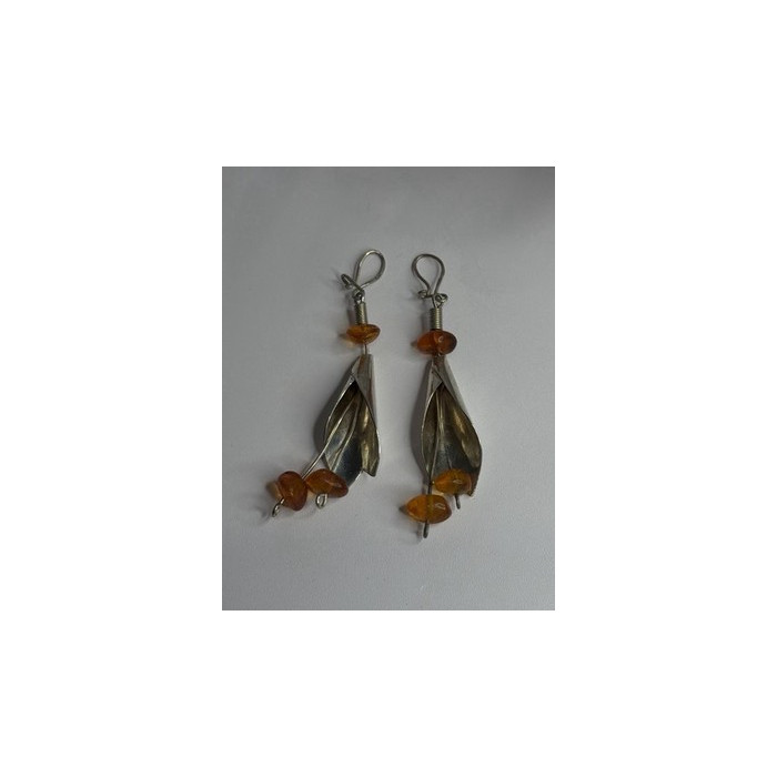 Vintage Unique Design Dangle 925 Sterling Silver Amber Earrings
