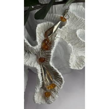 Vintage Unique Design Dangle 925 Sterling Silver Amber Earrings