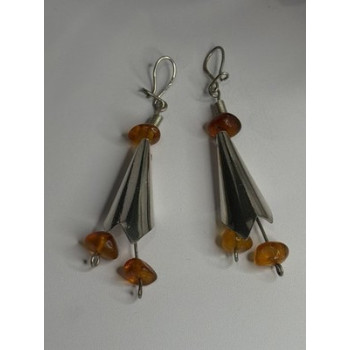Vintage Unique Design Dangle 925 Sterling Silver Amber Earrings