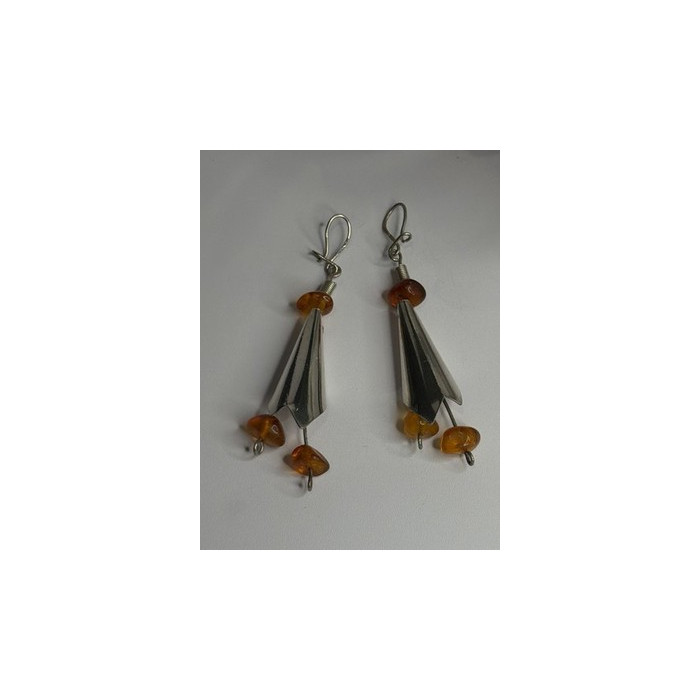 Vintage Unique Design Dangle 925 Sterling Silver Amber Earrings
