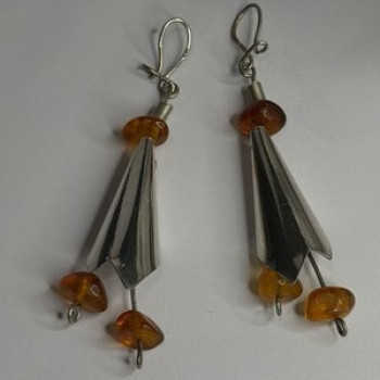 Vintage Unique Design Dangle 925 Sterling Silver Amber Earrings