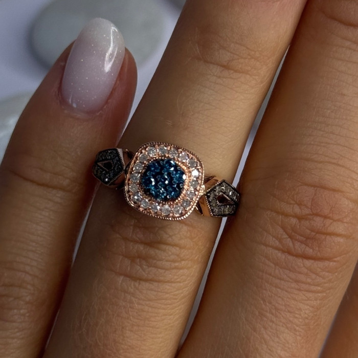 10K Rose Gold 0.5 Carat Clear & Teal Blue Dimond Ring Size 6