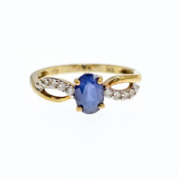 10K Yellow Gold Blue & White Sapphire Ring Size 6.75