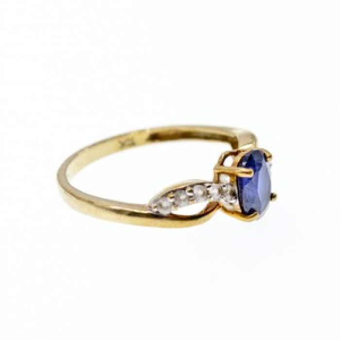 10K Yellow Gold Blue & White Sapphire Ring Size 6.75