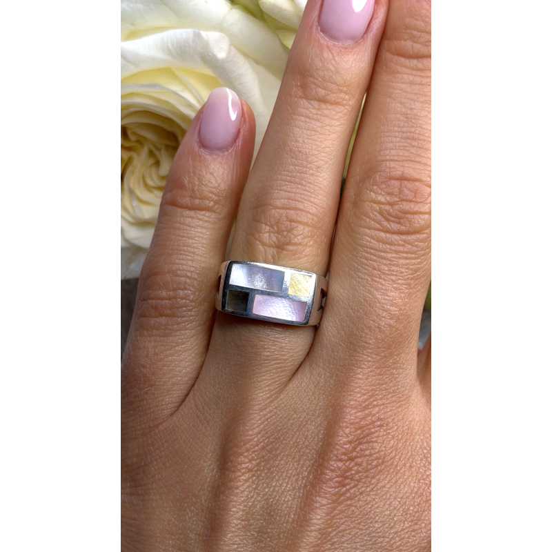 Vintage Modernist 925 Sterling Silver Ring Abalone Stone Mosaic Size 6.5