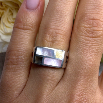 Vintage Modernist 925 Sterling Silver Ring Abalone Stone Mosaic Size 6.5