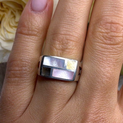 Vintage Modernist 925 Sterling Silver Ring Abalone Stone Mosaic Size 6.5