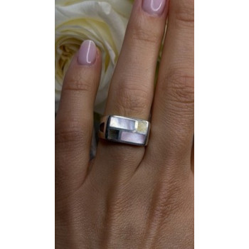 Vintage Modernist 925 Sterling Silver Ring Abalone Stone Mosaic Size 6.5