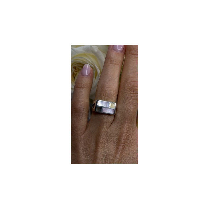 Vintage Modernist 925 Sterling Silver Ring Abalone Stone Mosaic Size 6.5