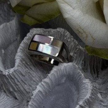 Vintage Modernist 925 Sterling Silver Ring Abalone Stone Mosaic Size 6.5