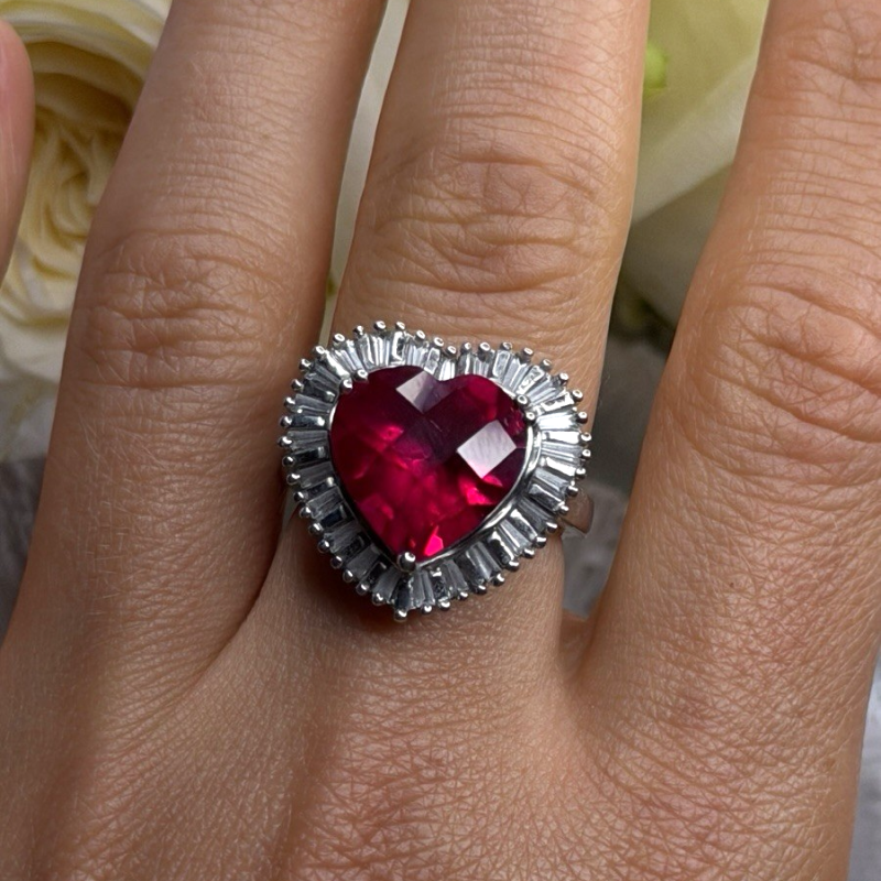 Romantic Heart 925 Sterling Silver Pink & Colorless Spinel Ring Size 7