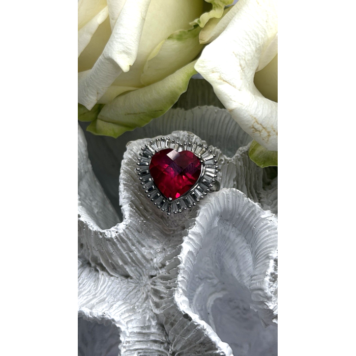 Romantic Heart 925 Sterling Silver Pink & Colorless Spinel Ring Size 7