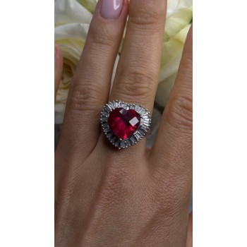 Romantic Heart 925 Sterling Silver Pink & Colorless Spinel Ring Size 7