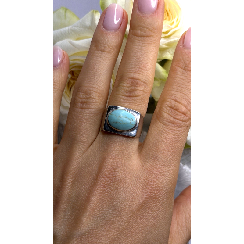Vintage Modernist 925 Sterling Silver Turquoise Oval Ring Size 7