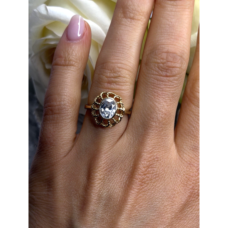 Floral Halo 925 Sterling Silver Gold Plated Clear Cz Ring Size 6.5