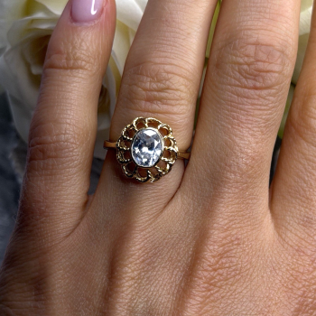 Floral Halo 925 Sterling Silver Gold Plated Clear Cz Ring Size 6.5