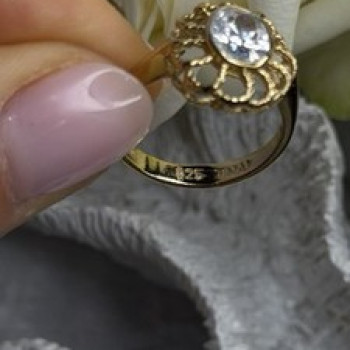 Floral Halo 925 Sterling Silver Gold Plated Clear Cz Ring Size 6.5