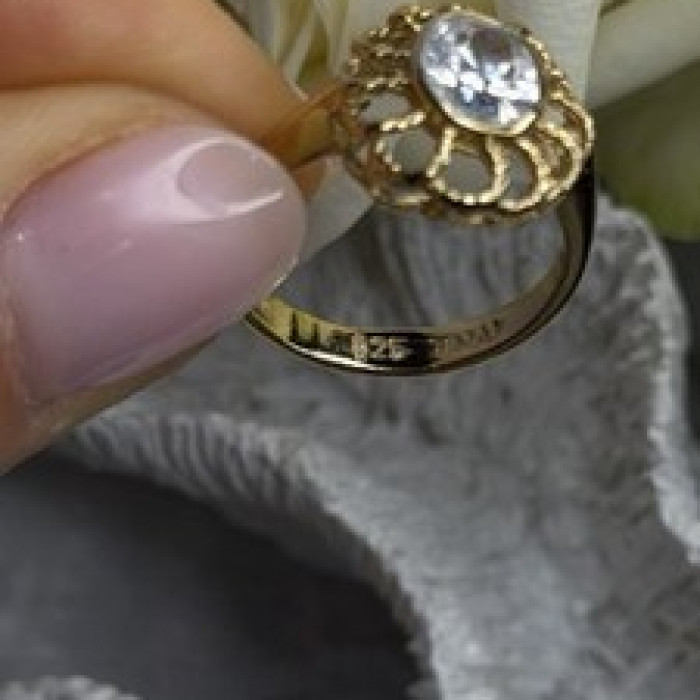 Floral Halo 925 Sterling Silver Gold Plated Clear Cz Ring Size 6.5