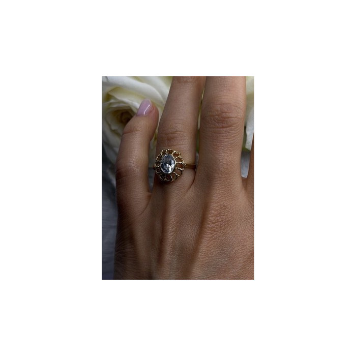 Floral Halo 925 Sterling Silver Gold Plated Clear Cz Ring Size 6.5