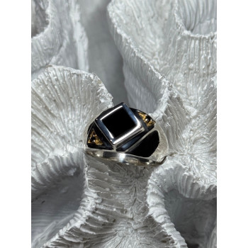 925 Sterling Silver Black Enamel & Black Diamonds Men's Ring Size 8.3