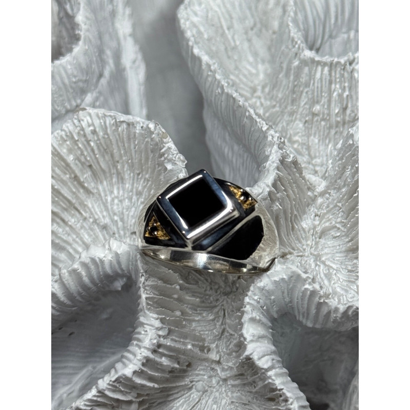 925 Sterling Silver Black Enamel & Black Diamonds Men's Ring Size 8.3