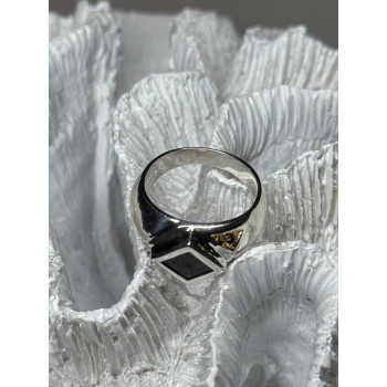 925 Sterling Silver Black Enamel & Black Diamonds Men's Ring Size 8.3